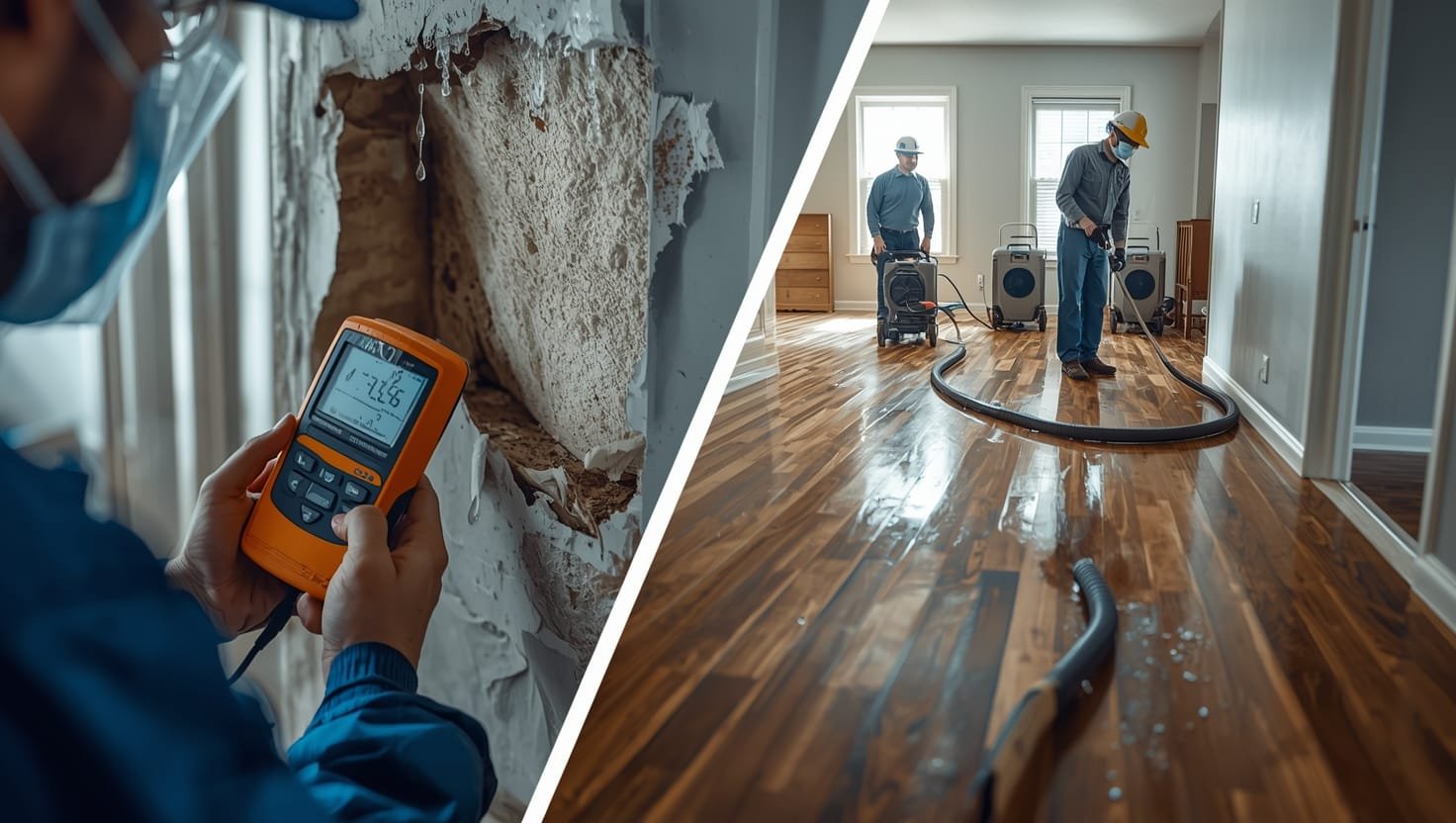 Flooded home interior with water-damaged wall and professional restoration technician inspecting damage with specialized equipment