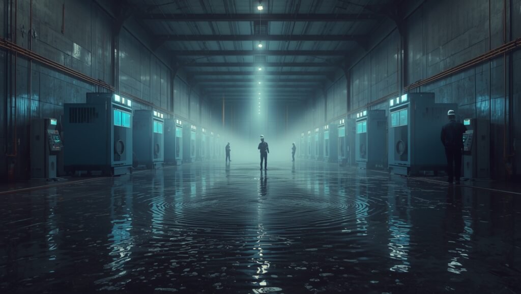 Industrial-sized dehumidifiers and fans removing floodwater from a warehouse, with technicians monitoring moisture levels for fast drying results.