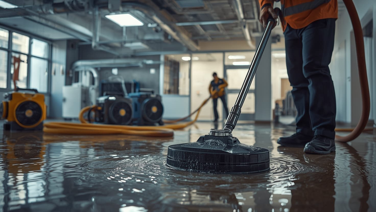 Technician using industrial dehumidifiers and extraction equipment to remove water from a flooded commercial space, preventing structural damage