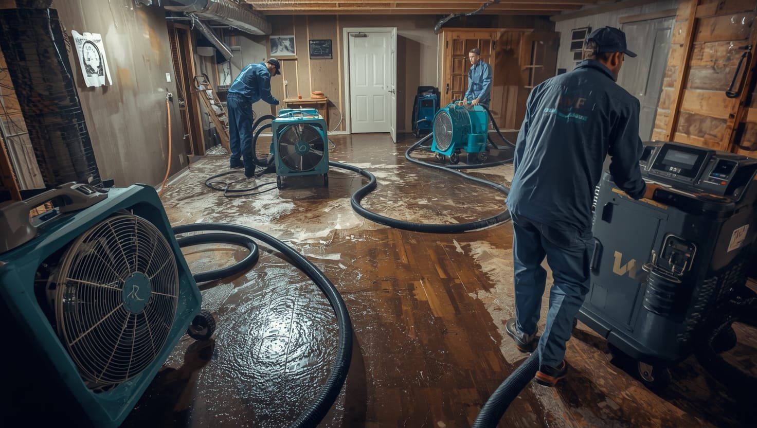 Water extraction specialists using industrial fans and dehumidifiers to dry out a flooded Rochester basement after emergency water damage