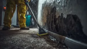 mold after water damage: Professional removing toxic black mold growth from water-damaged wall, showing critical home restoration steps after flooding or leaks.