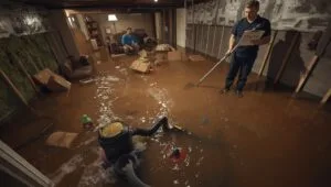 Flooded basement with standing water and damaged belongings after sump pump failed, causing extensive water damage and costly repairs