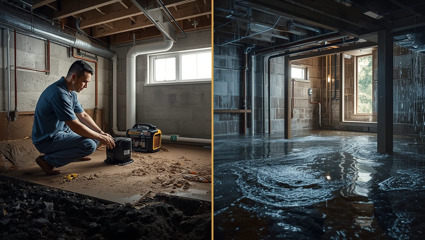 Flooded basement with failed sump pump, showing water damage and essential Rochester home defense equipment for preventing future disasters