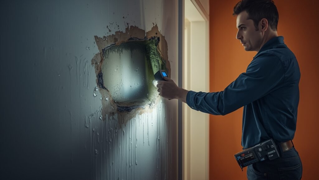 Professional inspecting water damage with moisture meter, revealing hidden leaks behind walls that homeowners often miss during inspections.