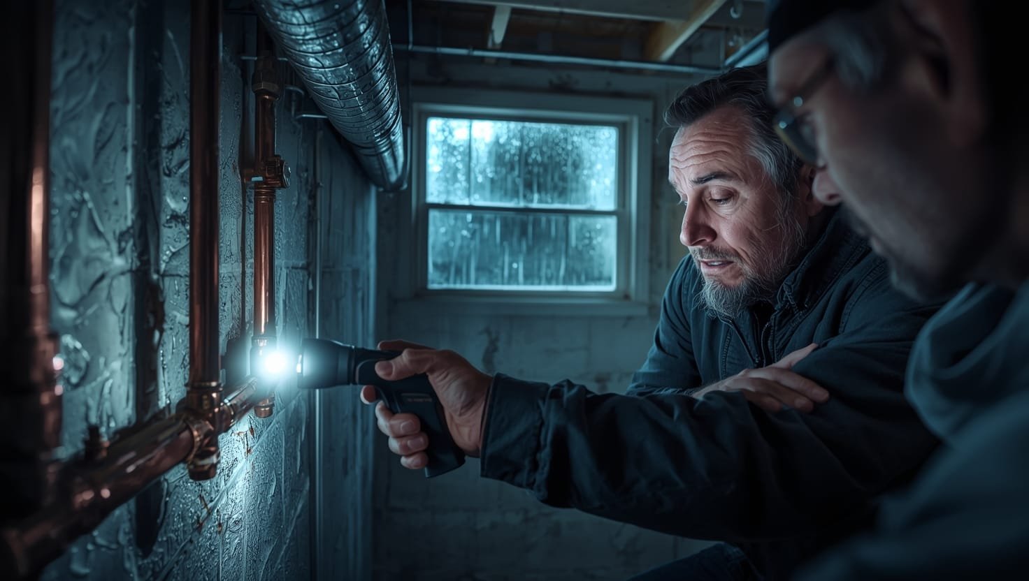Professional plumber conducting water damage inspection, checking pipes for leaks and moisture damage in a home basement