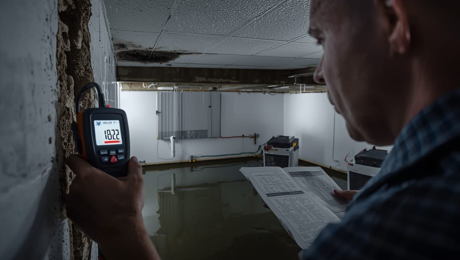 Professional inspector checking water damage behind wall with moisture meter during comprehensive Rochester home assessment