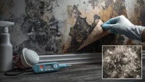 black mold on drywall: Close-up of dangerous black mold spreading across wet drywall, showing toxic spores and discoloration that requires immediate remediation.