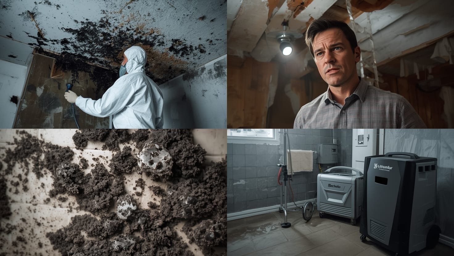 Professional wearing protective gear removing black mold from damaged drywall in Rochester home during remediation process