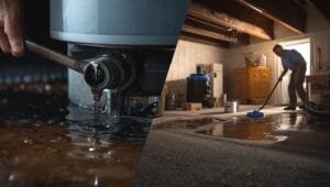 water heater flooded basement: Flooded basement with standing water around leaking water heater, showcasing emergency cleanup hacks to prevent costly damage
