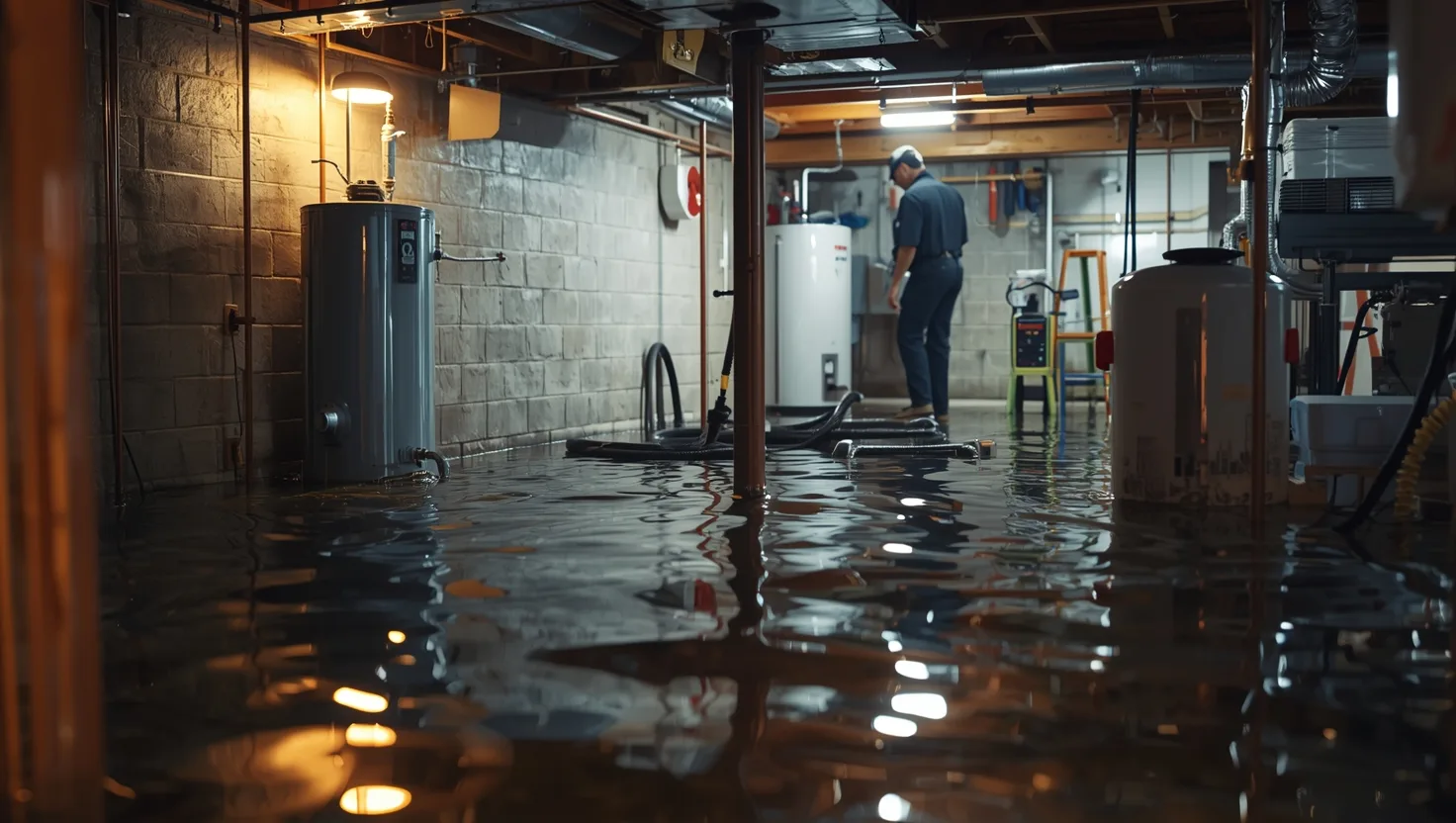 water heater Flooded basement with damaged water heater, standing water, and cleanup equipment showing emergency restoration after a water heater failure