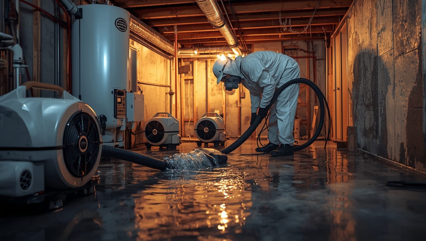 water heater Flooded basement with water heater damage in Rochester home, showing professional restoration equipment drying affected areas