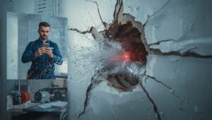 Alt: Water pipe burst in wall causing extensive damage with visible water leaking through drywall and pooling on floor - emergency repair needed