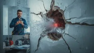 Alt: Water pipe burst in wall causing extensive damage with visible water leaking through drywall and pooling on floor - emergency repair needed