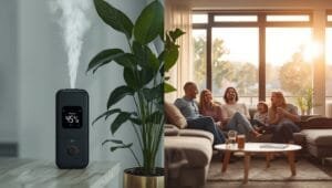 A digital hygrometer showing optimal 45% humidity level in a cozy living room - best humidity for home for comfort and health