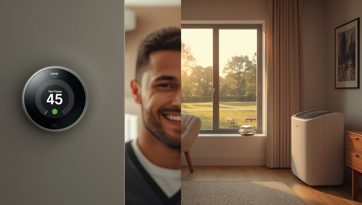 Person adjusting smart thermostat to maintain optimal humidity levels, surrounded by signs of cost savings and home protection at 40-60% humidity range.