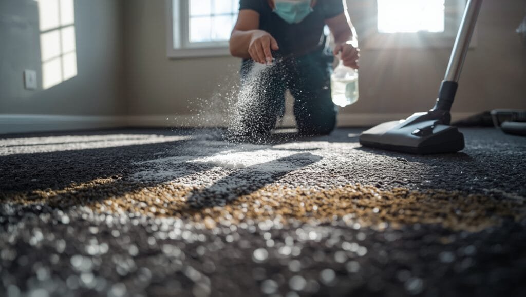 Person removing black mold from carpet with baking soda and spray bottle - step-by-step guide on how to get mold out of carpet quickly