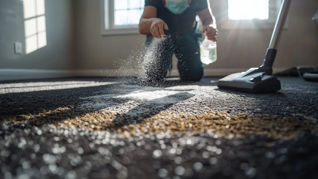 Person removing black mold from carpet with baking soda and spray bottle - step-by-step guide on how to get mold out of carpet quickly