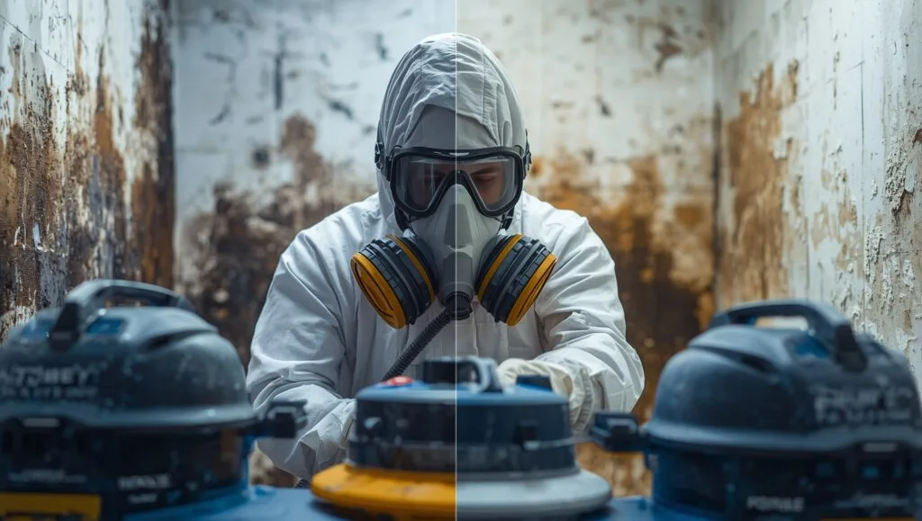 Professional technician performing mold remediation services, removing black mold from wall with protective gear, ensuring healthier indoor air quality