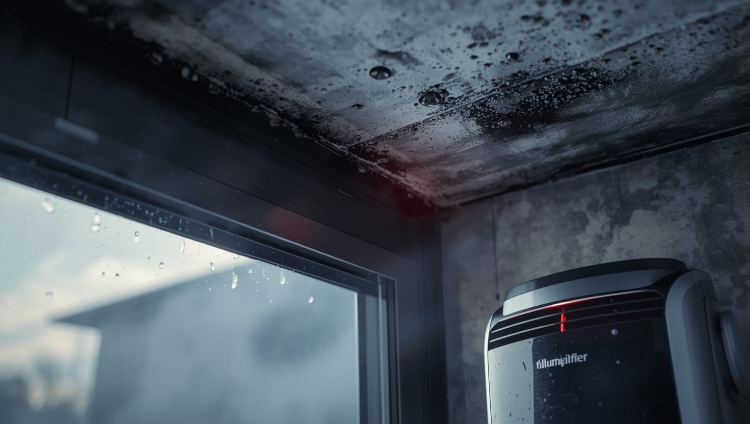 Condensation on window frame with visible black mold growth, highlighting how moisture triggers mold problems requiring professional remediation services.