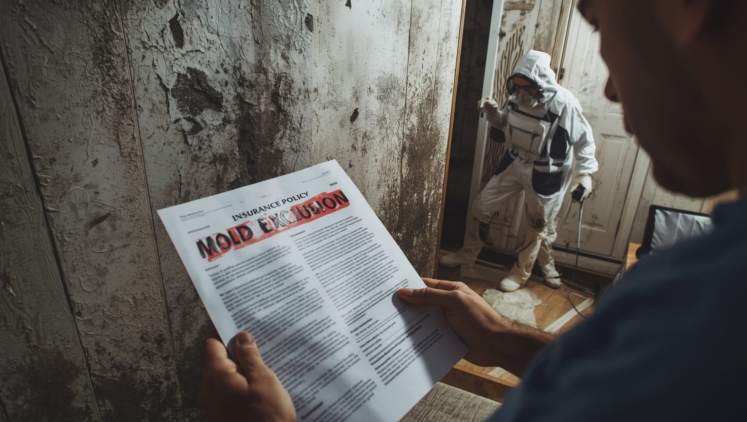 Water-damaged wall with toxic black mold growth, illustrating why homeowners need professional mold remediation services for insurance-excluded damage.