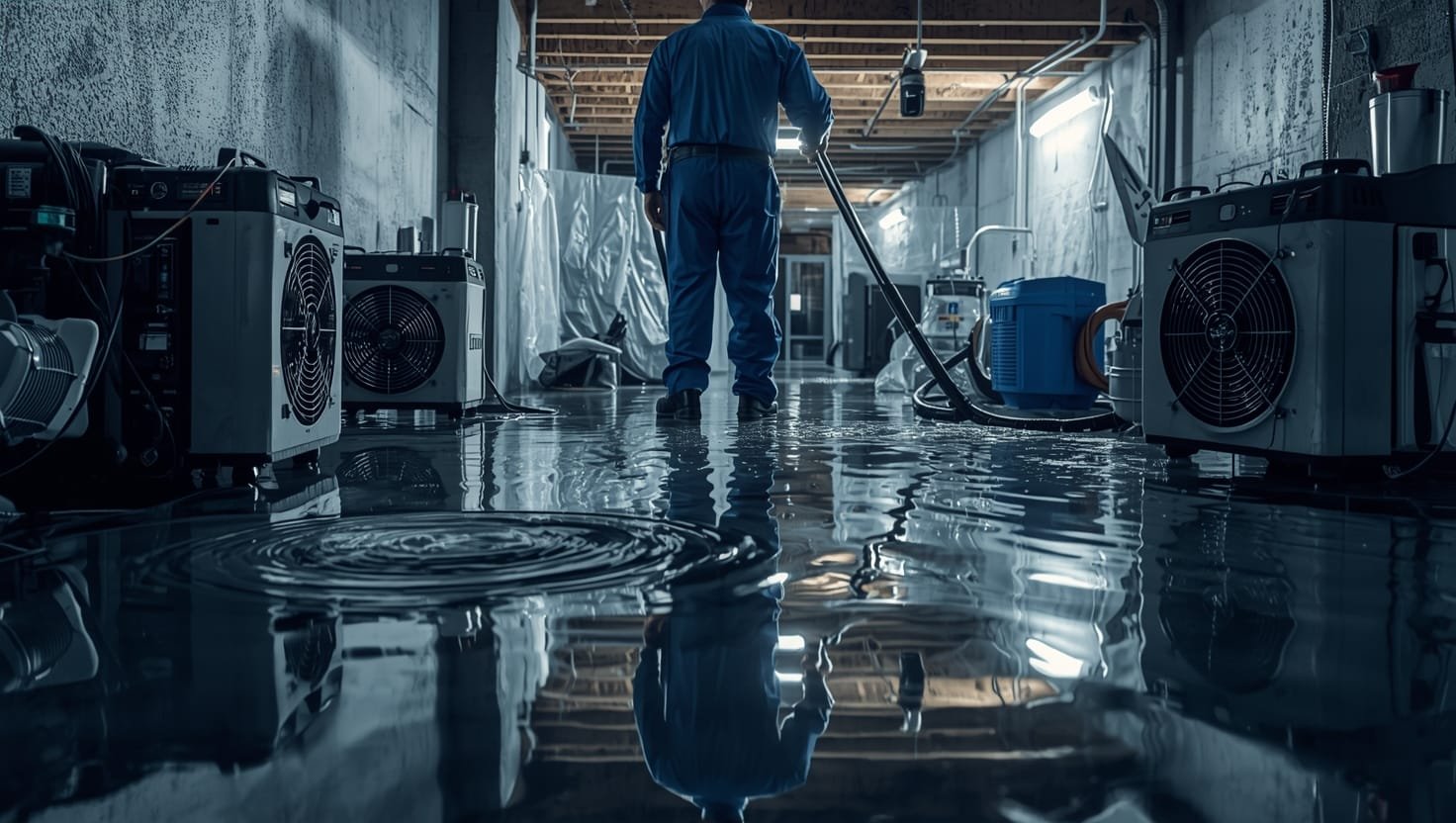 Water pooling in flooded basement with professional mitigation team extracting moisture and setting up drying equipment for emergency restoration