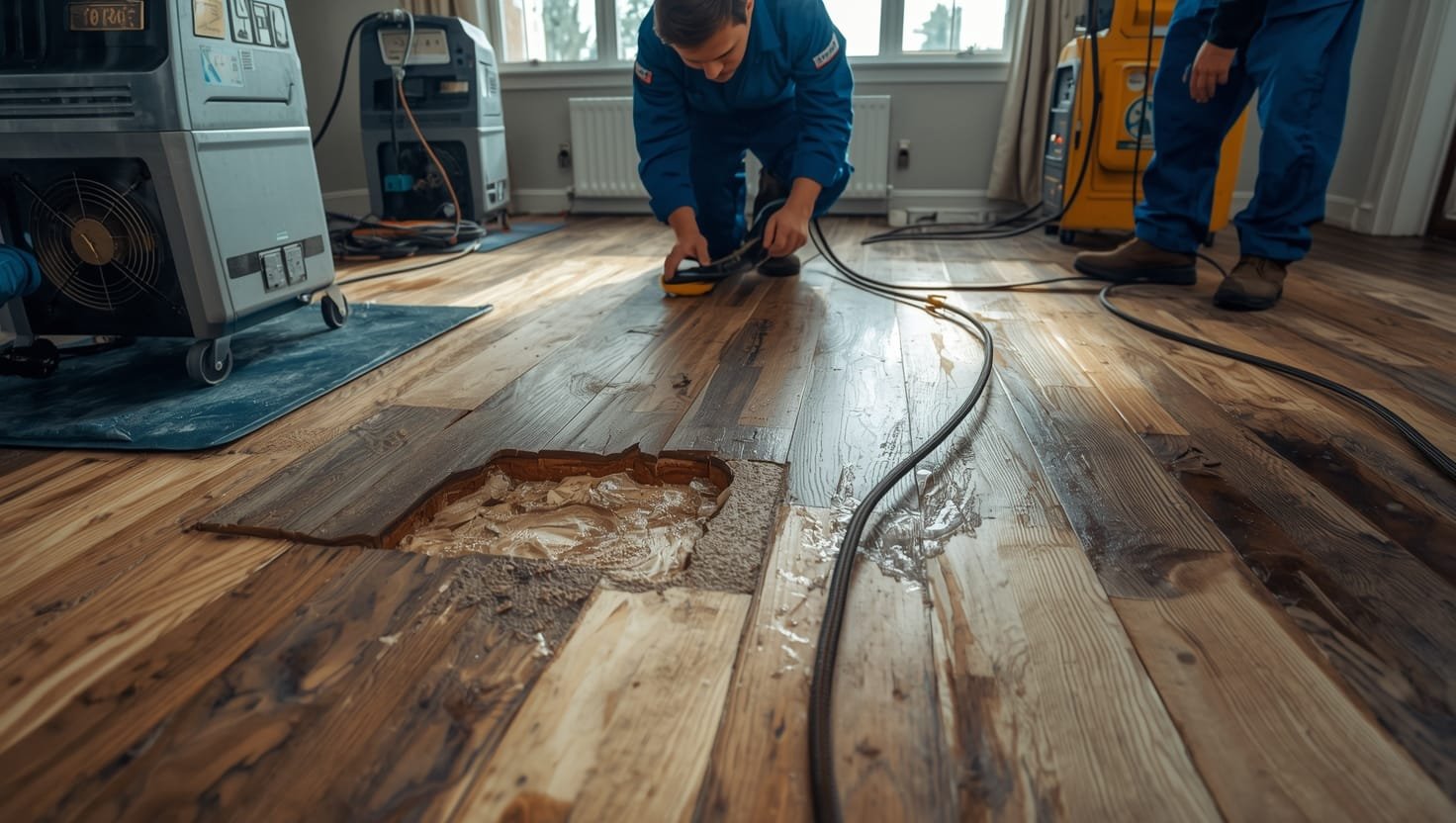 Water-damaged hardwood floor being professionally restored with industrial drying equipment and specialized recovery techniques