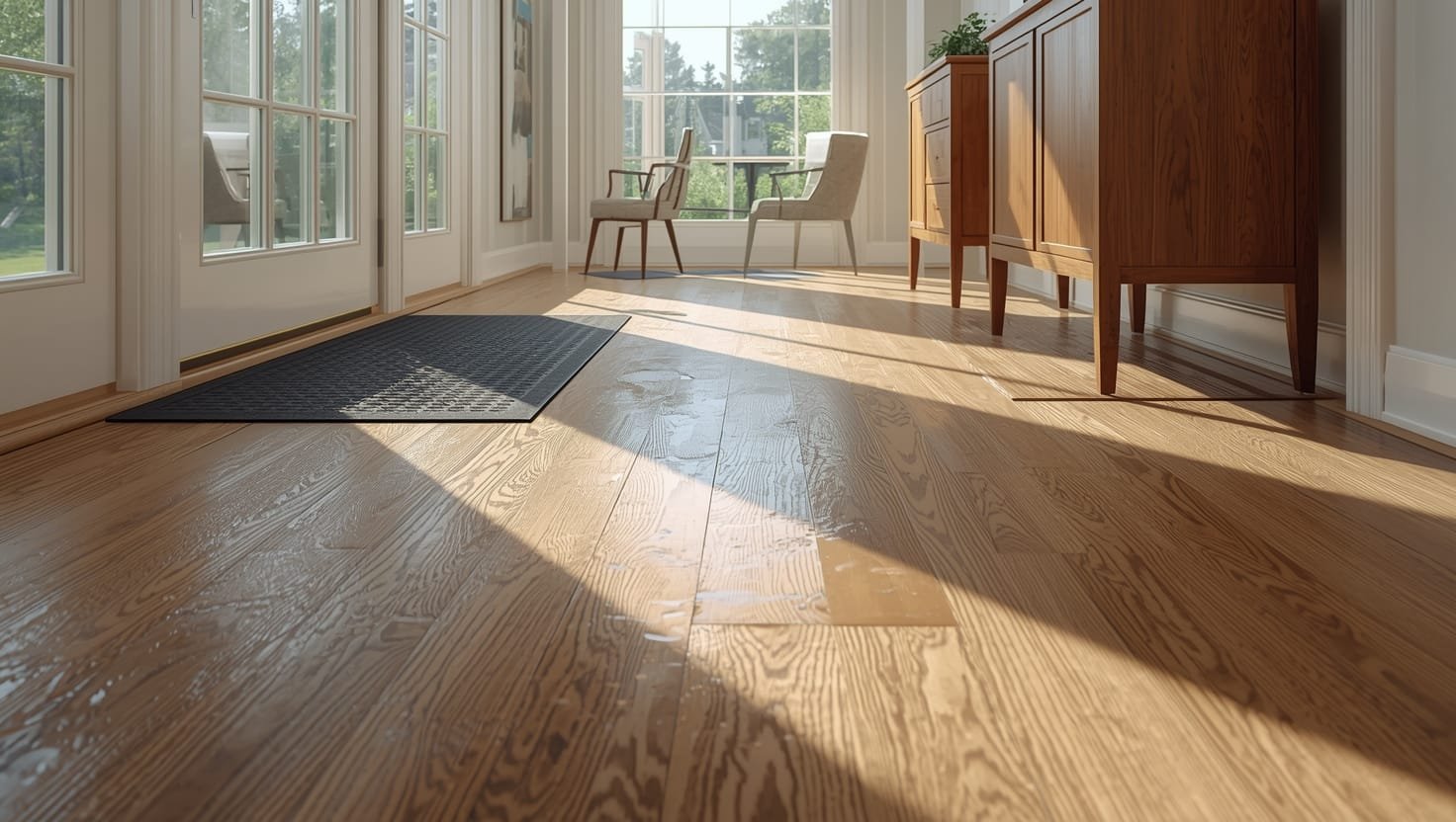 Homeowner using specialized mats and barriers to protect hardwood flooring from water damage during heavy rain season