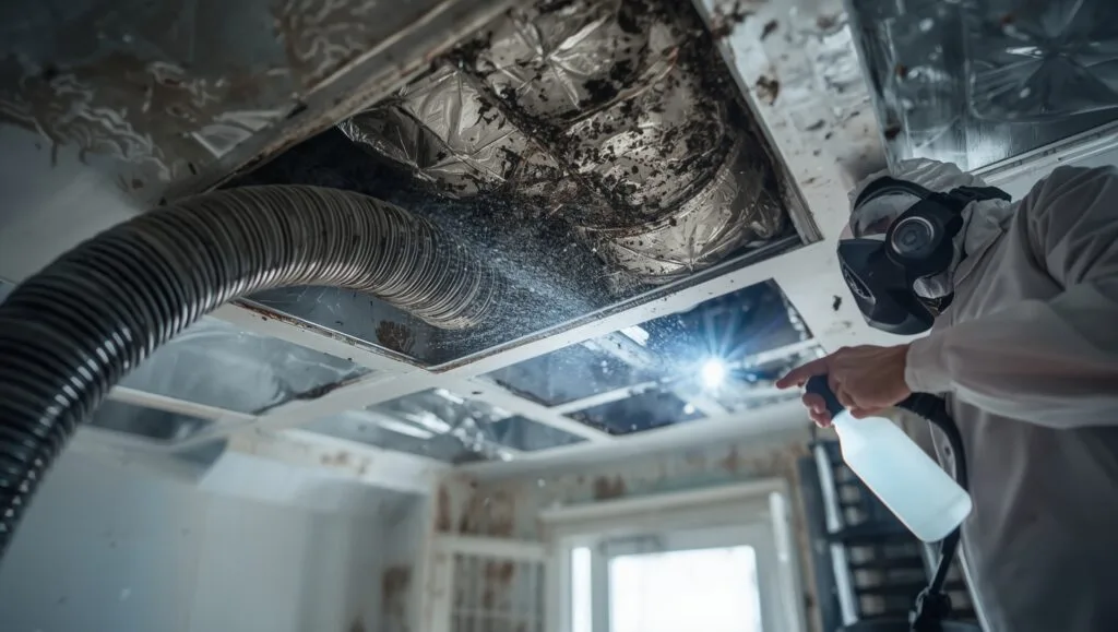 Professional removing black mold from HVAC air duct system using safety gear and specialized cleaning tools - how to get rid of mold in air ducts