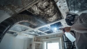 Professional removing black mold from HVAC air duct system using safety gear and specialized cleaning tools - how to get rid of mold in air ducts