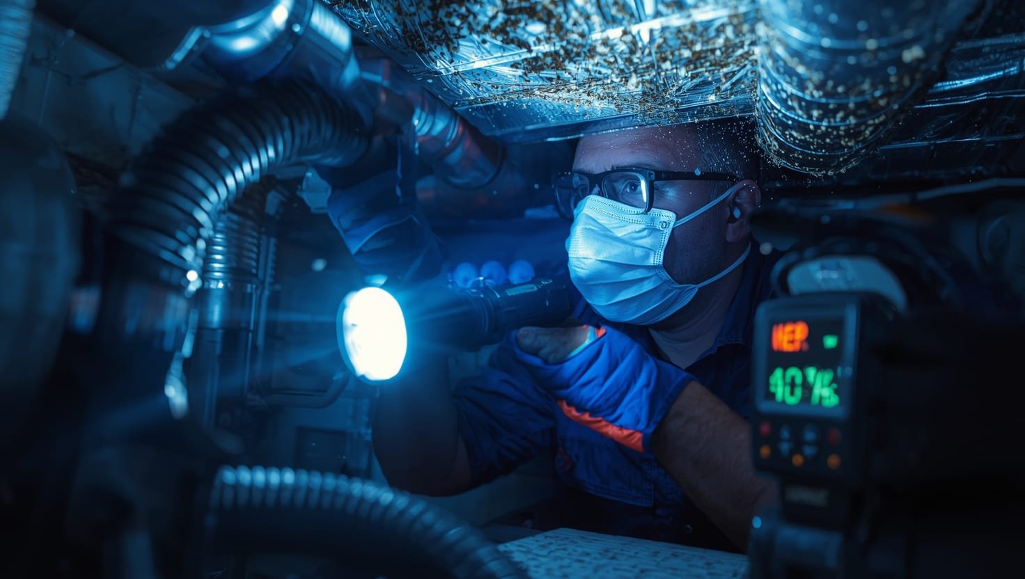 Professional technician inspecting air ducts for mold growth while using protective gear and specialized tools for safe, effective mold removal