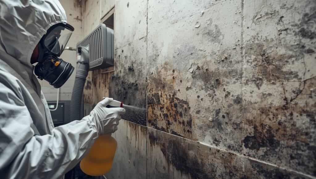 Professional technician removing black toxic mold from wall with safety gear, providing fast mold removal near me service for home health protection
