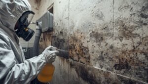Professional technician removing black toxic mold from wall with safety gear, providing fast mold removal near me service for home health protection