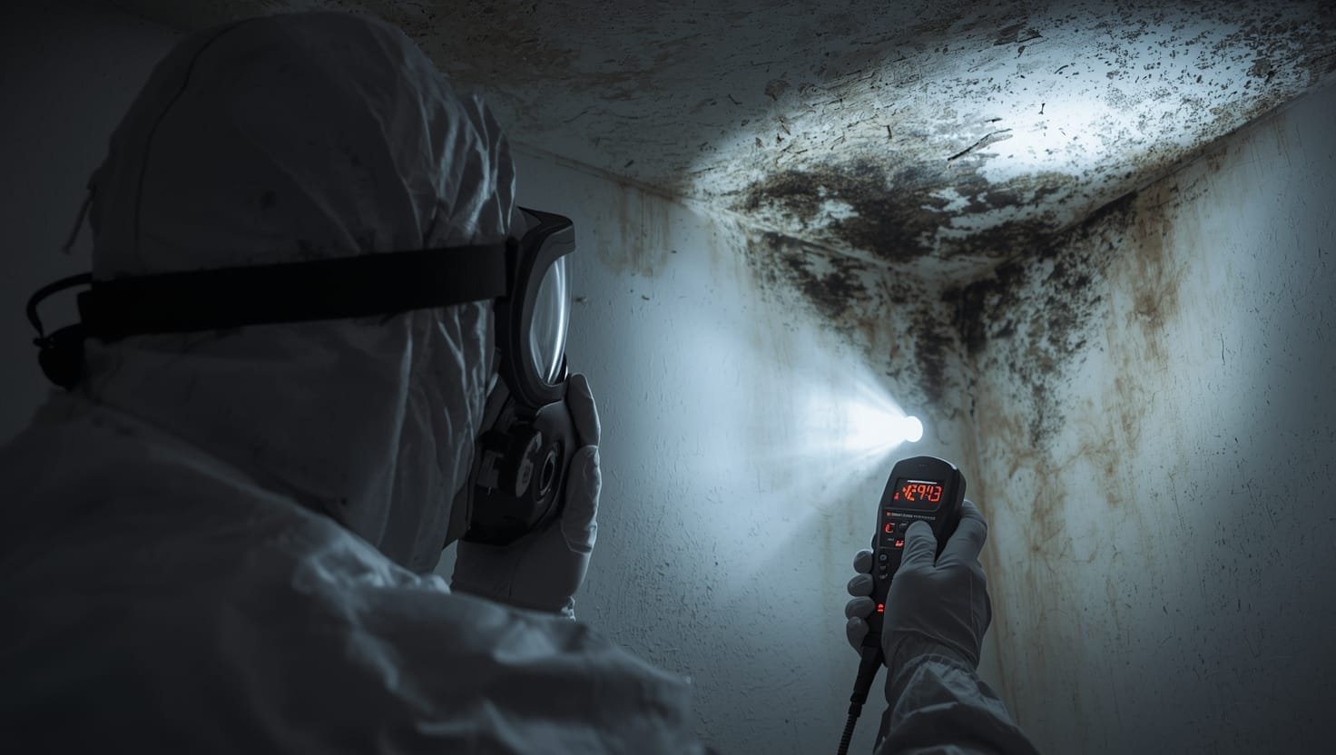 Mold inspector examining black mold in corner with testing equipment during professional assessment for local mold removal service