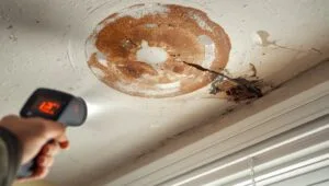 Signs of water damage on ceiling: Brown water stain spreading across white ceiling with peeling paint - clear signs of water damage on ceiling requiring immediate attention.
