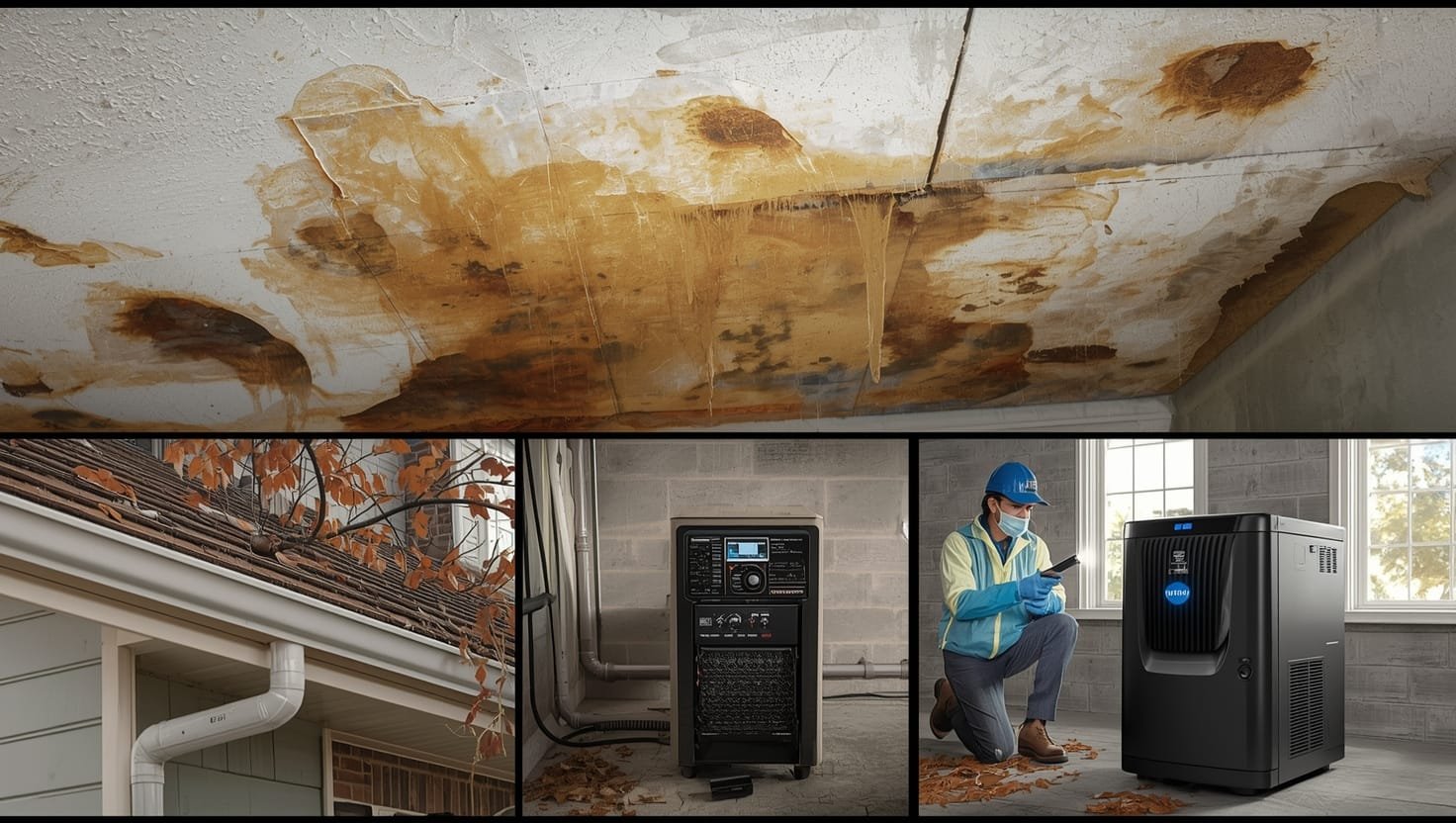 Discolored ceiling with water stains showing common signs of water damage in Rochester homes - essential for prevention strategies