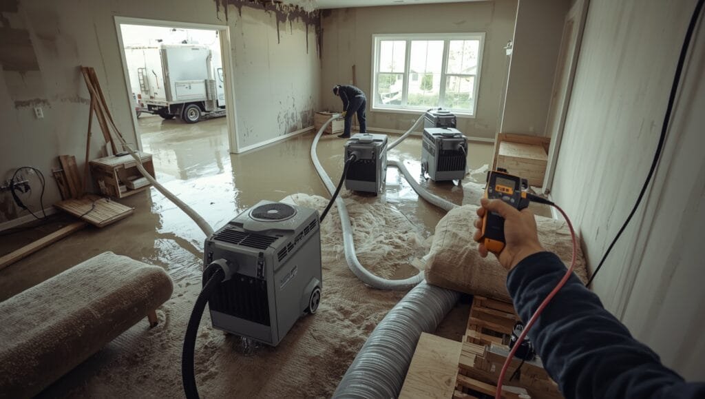 Water damage drying process showing professional equipment removing moisture from flooded room to prevent costly structural damage