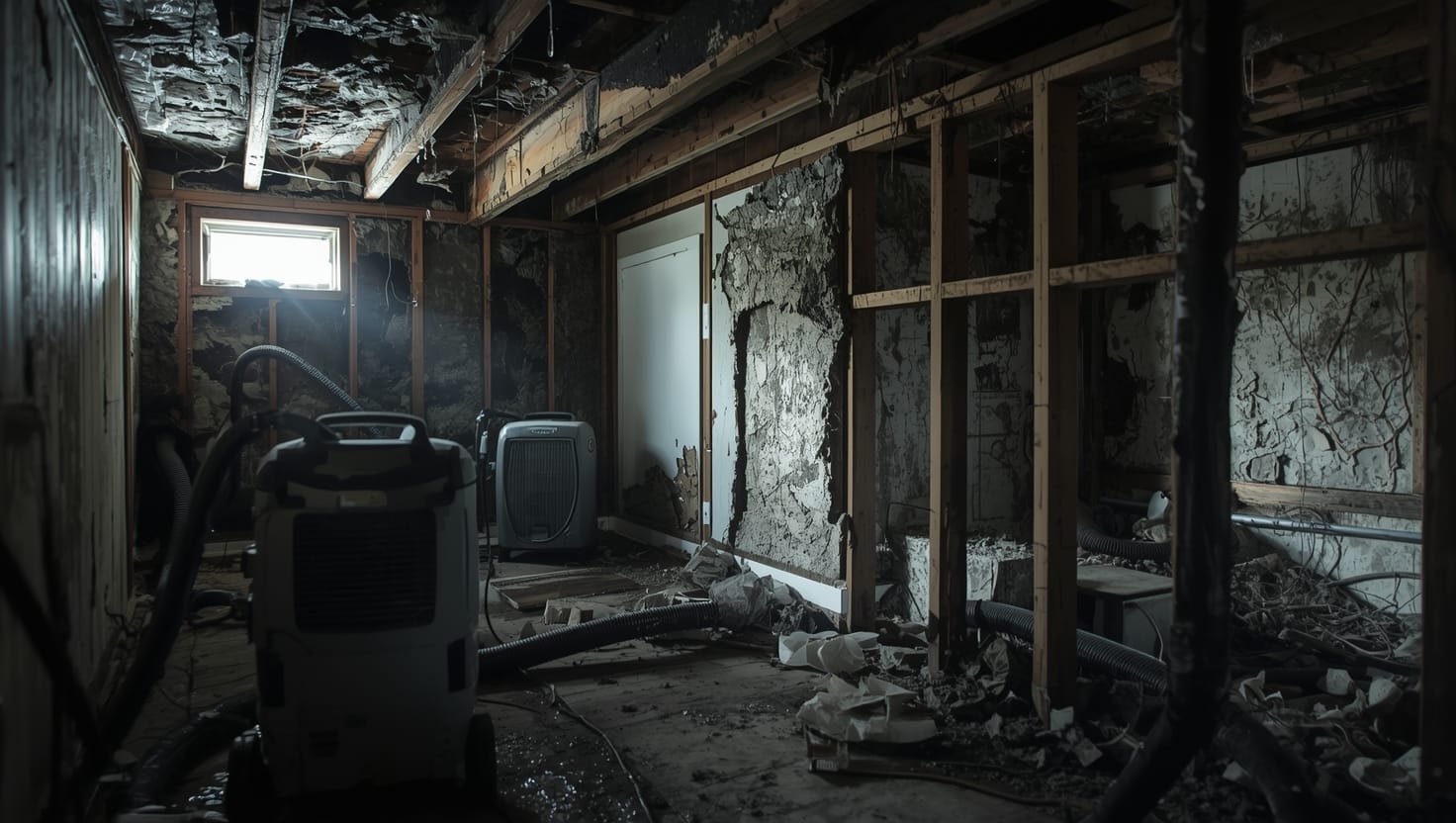 # Water damage drying process showing hidden costs of moisture removal, structural damage, and mold prevention treatment