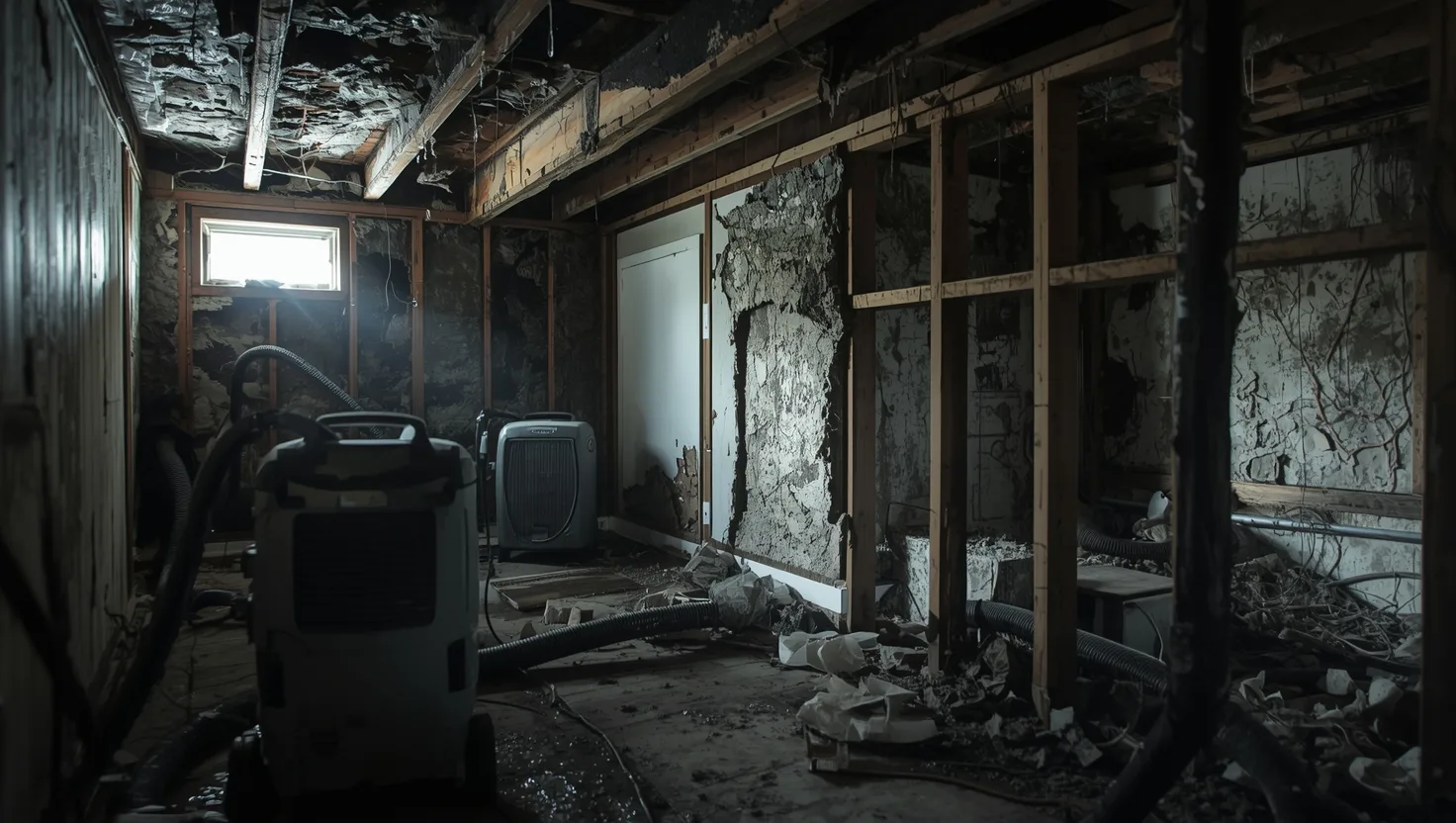 # Water damage drying process showing hidden costs of moisture removal, structural damage, and mold prevention treatment