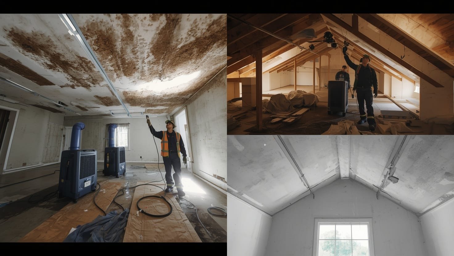 Ceiling Leak Professional water damage restoration team assessing and repairing interior ceiling leak damage with specialized equipment and tools.
