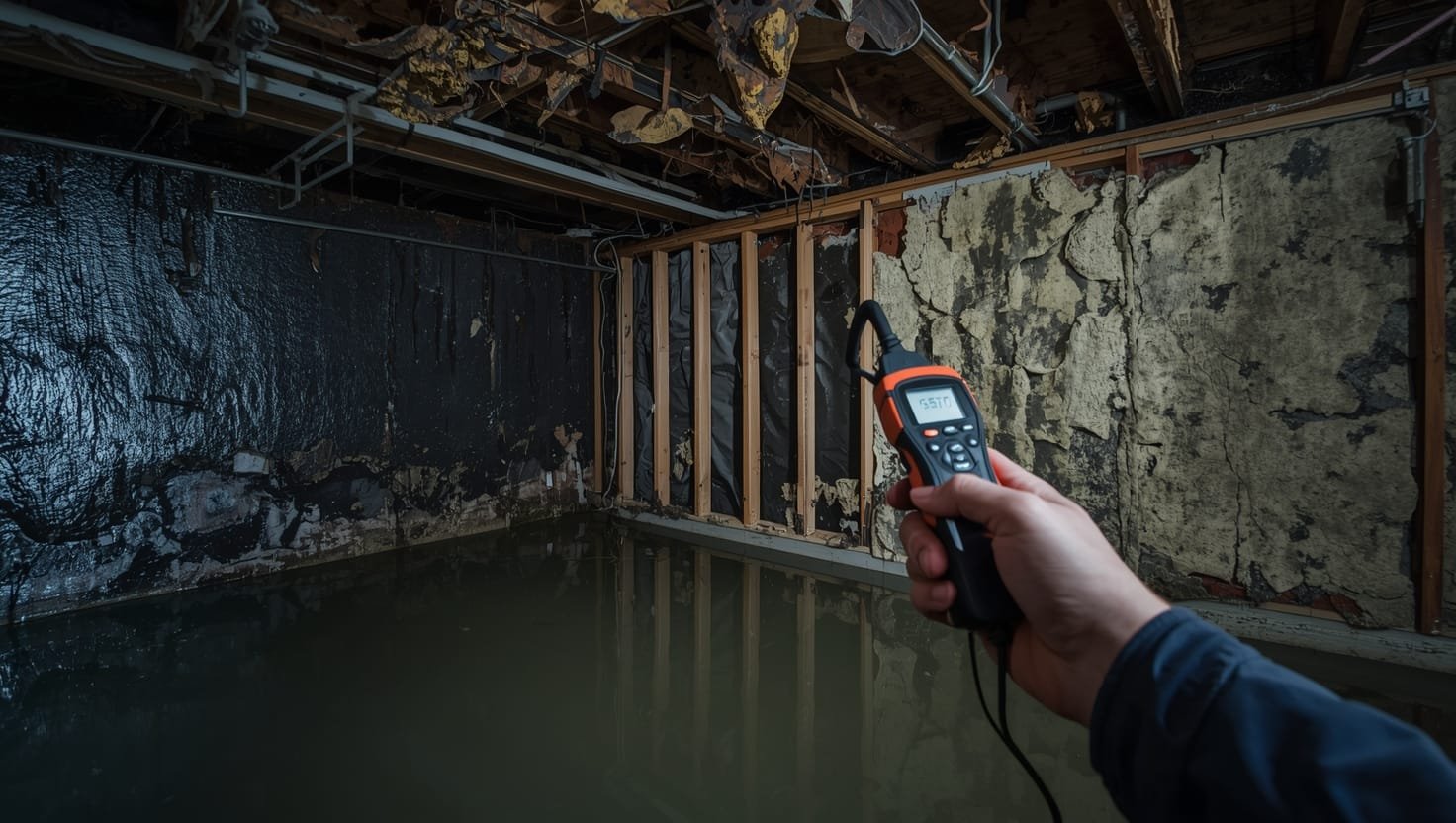 # Water damage assessment revealing structural damage and mold growth in a flooded basement, showing the real extent of water damage to building materials.