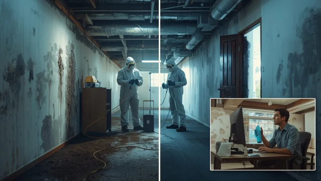 # Commercial mold damage restoration experts removing toxic mold from building interior to prevent costly business losses