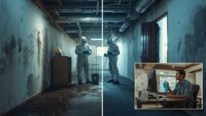 # Commercial mold damage restoration experts removing toxic mold from building interior to prevent costly business losses