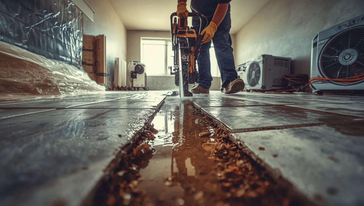 # Image Alt Text "Professional using wet saw to cut tiles safely, demonstrating proper technique to prevent water damage and protect flooring during tile installation and removal." how to dry out water under tiles