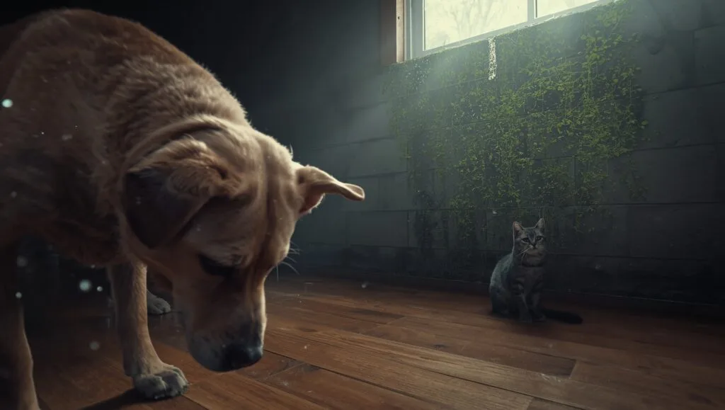Pets and Mold Exposure: The Hidden Killer "Dog and cat showing signs of illness from pets and mold exposure in a damp home environment"