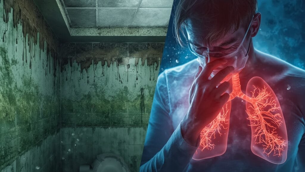 # Mold Risks for Immunocompromised People Illustration showing mold risks for immunocompromised people, depicting health vulnerabilities and respiratory dangers from mold exposure.
