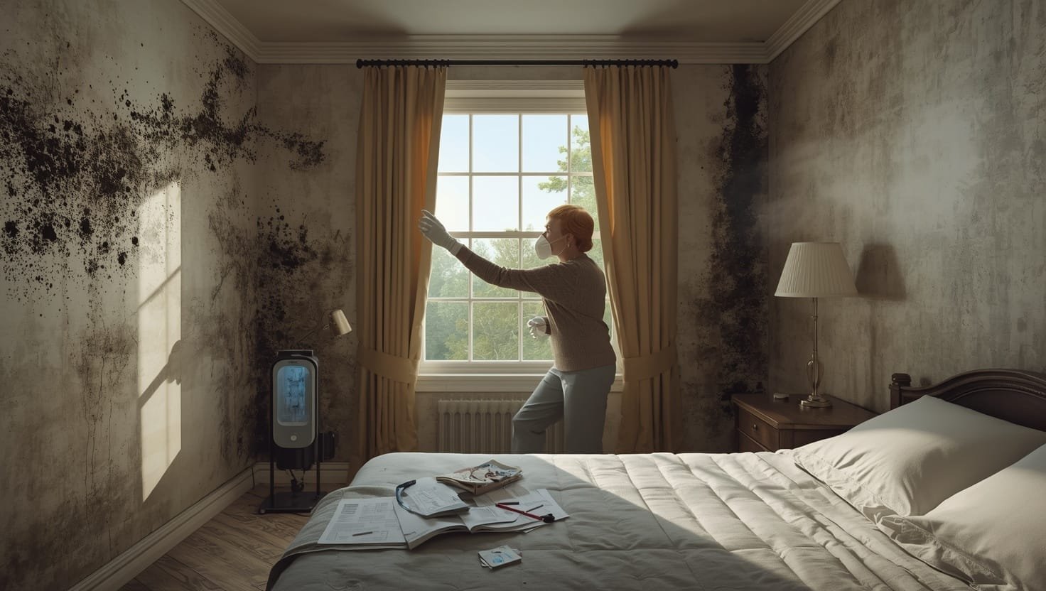 Mold Risks for Immunocompromised people with protective mask indoors, illustrating mold exposure risks and health recovery strategies for vulnerable individuals.