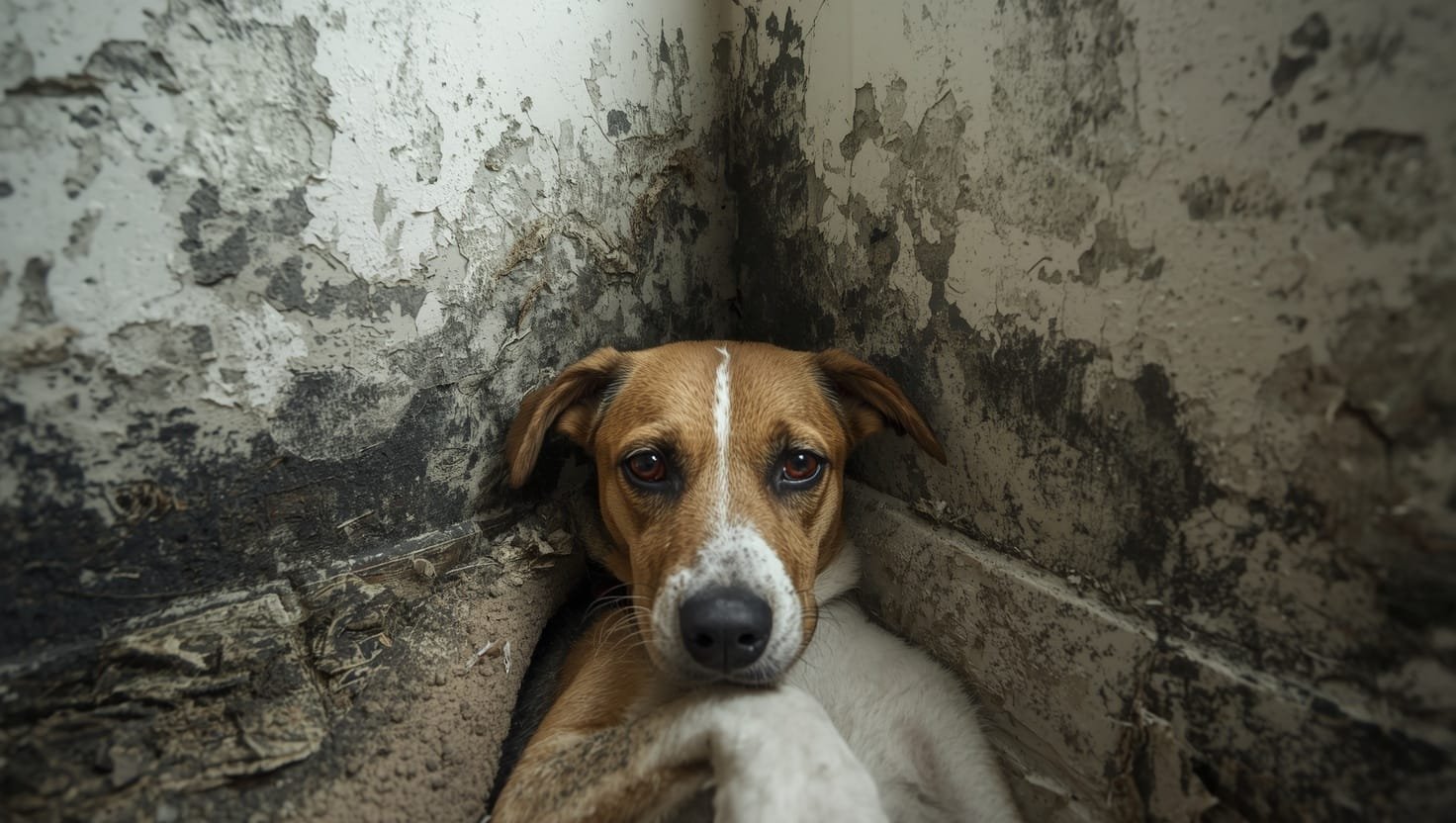 Pets and mold exposure emergency "Dog and cat surrounded by visible mold growth on walls, representing dangers of mold exposure to pets' health and home safety risks"