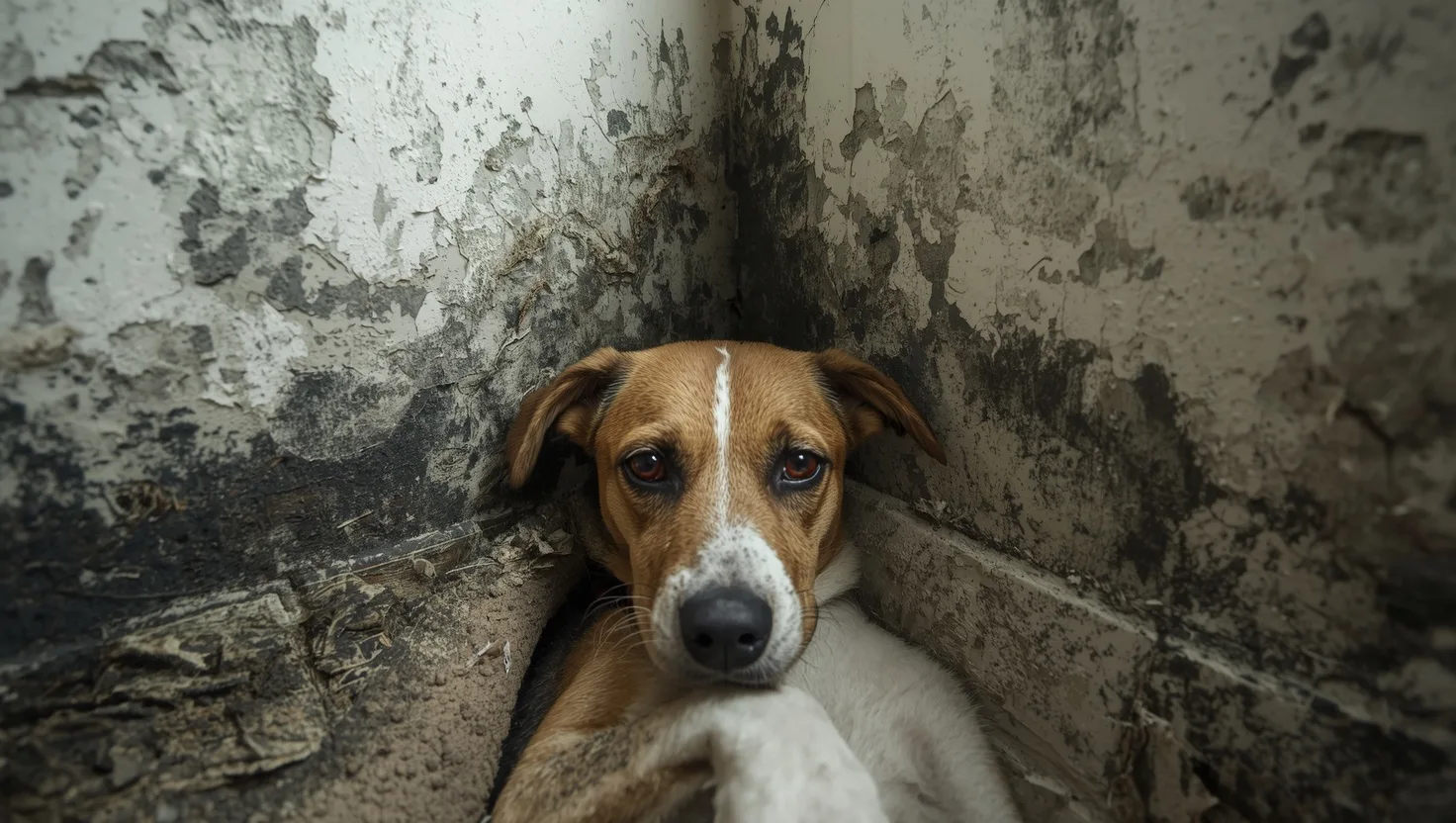 Pets and mold exposure emergency "Dog and cat surrounded by visible mold growth on walls, representing dangers of mold exposure to pets' health and home safety risks"