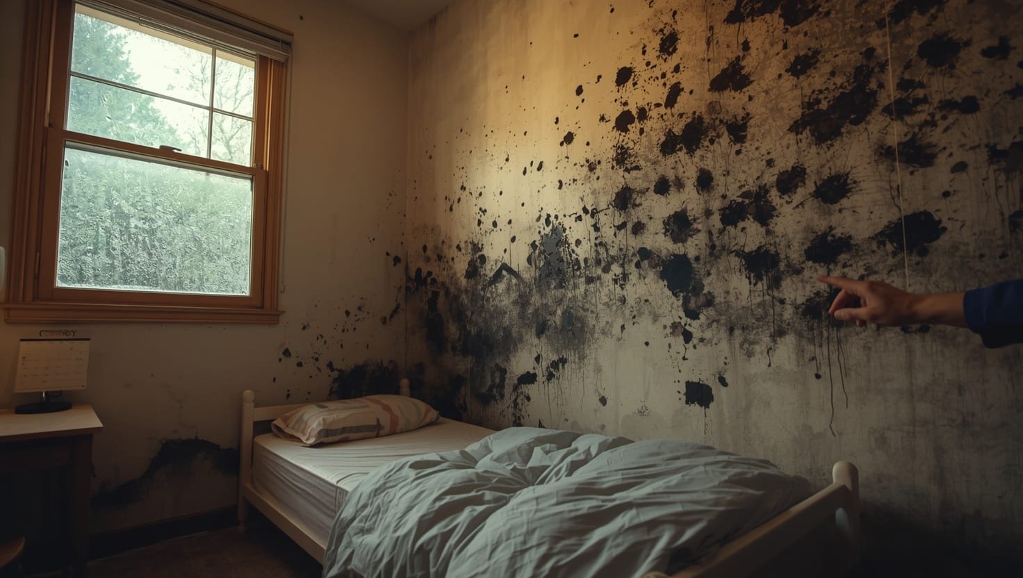 # Mold on bedroom walls around children showing dark spots spreading across wall surface near child's bed and furniture