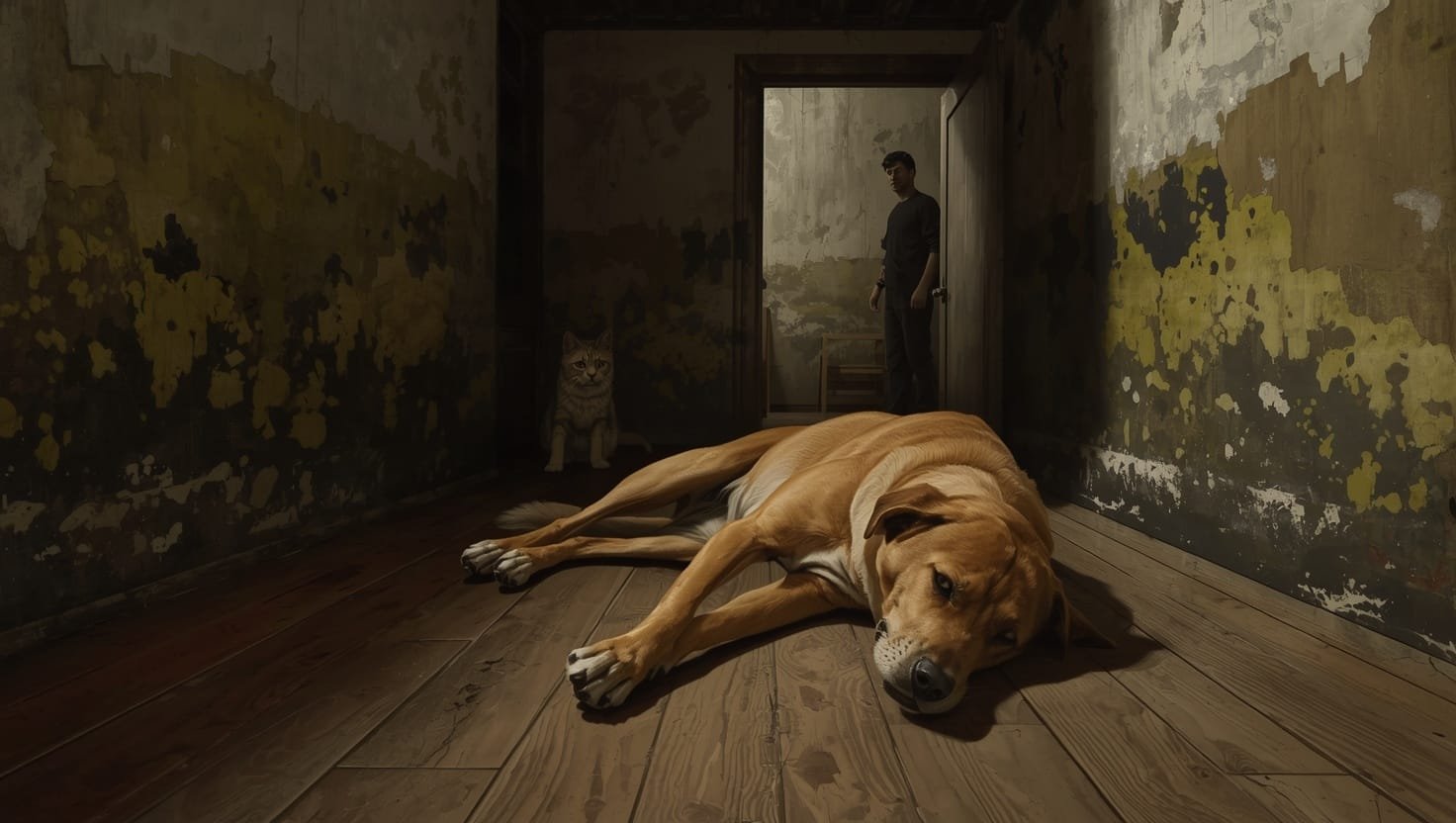 Pets and mold exposure. Pet displaying behavioral changes from mold exposure, including lethargy and anxiety symptoms indicating indoor mold health risks for animals.